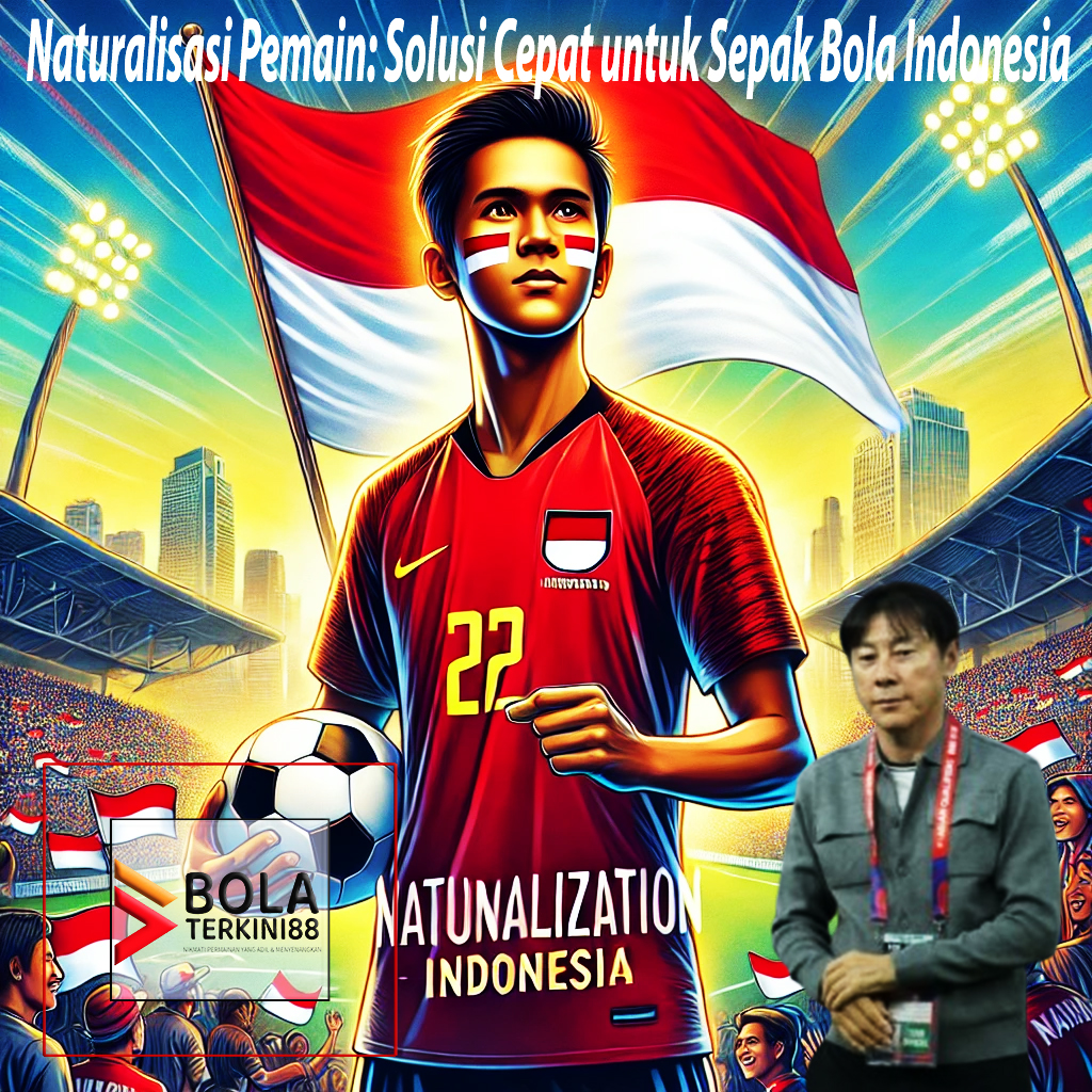 Ilustrasi pemain sepak bola naturalisasi Indonesia mengenakan jersey Timnas dengan latar belakang stadion penuh semangat dan bendera Indonesia.