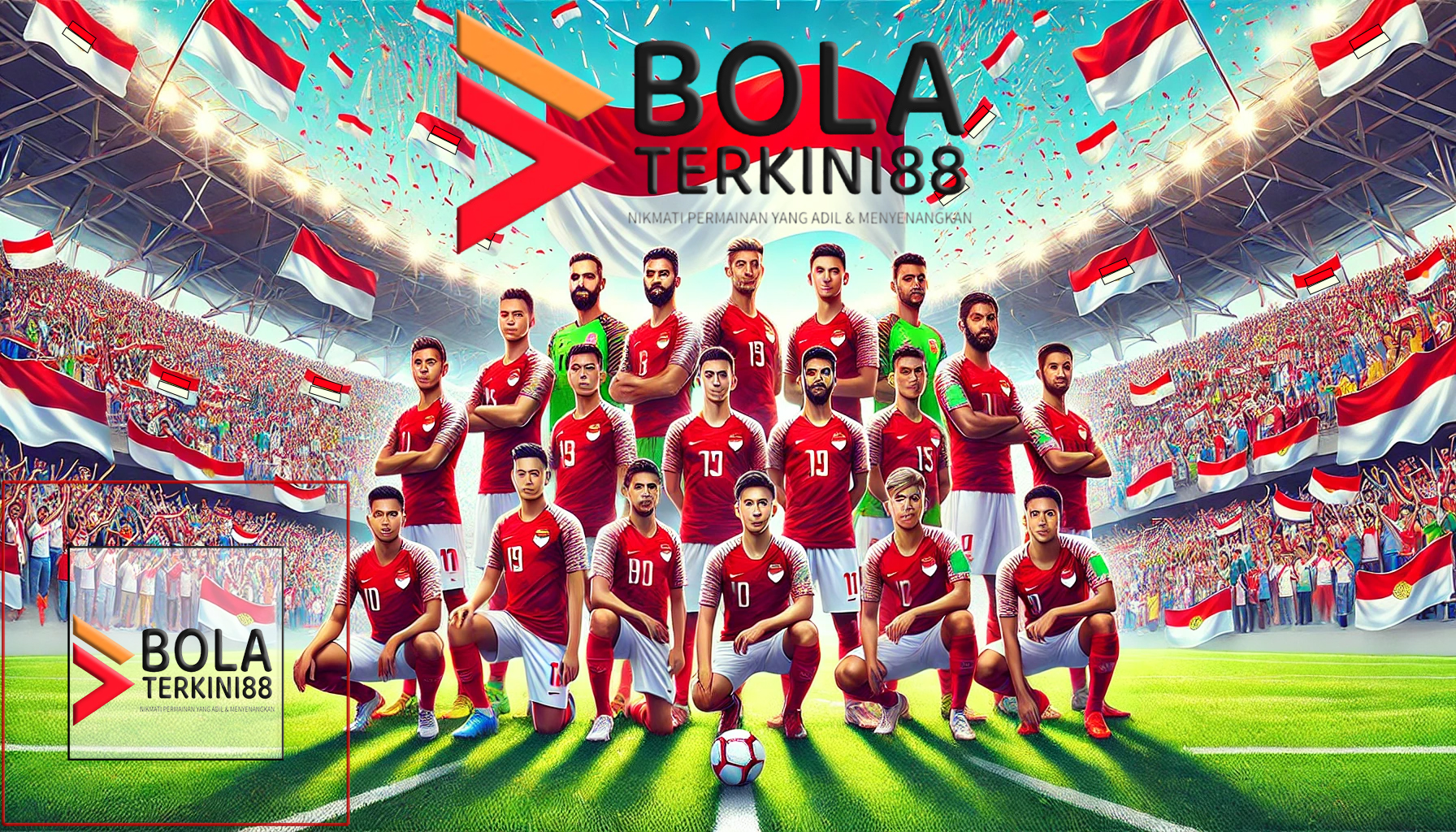 Ilustrasi grup Timnas Indonesia di stadion, mengenakan seragam merah dan putih, dengan latar belakang suporter yang bersorak sambil mengibarkan bendera Indonesia.