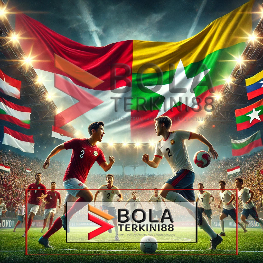 Pertandingan sepak bola antara tim nasional Indonesia dan Myanmar dengan latar belakang bendera Indonesia dan Myanmar yang berkibar, menampilkan pemain muda Indonesia beraksi di lapangan hijau dengan semangat dan energi tinggi.