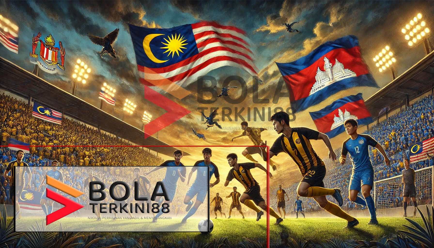 Ilustrasi pertandingan sepak bola antara Malaysia dan Kamboja dalam Piala AFF 2024, dengan pemain Malaysia mengenakan kostum kuning-hitam dan pemain Kamboja mengenakan kostum biru. Skor akhir pertandingan 2-2 ditampilkan secara simbolis di latar belakang.