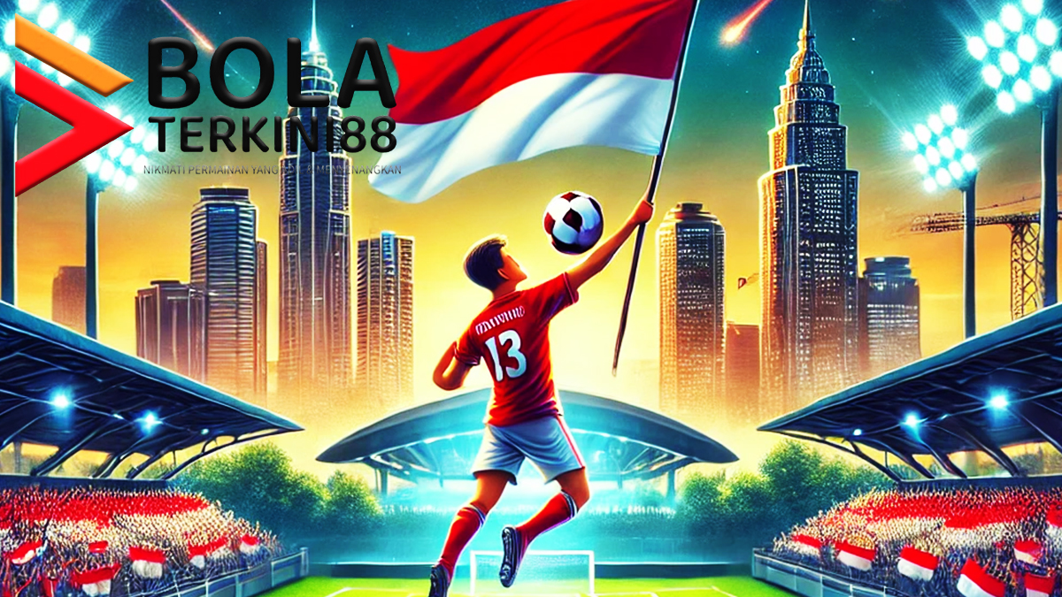 Ilustrasi kebangkitan sepak bola Indonesia: seorang pemain muda merayakan gol dengan memegang bendera Indonesia di tengah stadion modern yang penuh dengan suporter antusias.