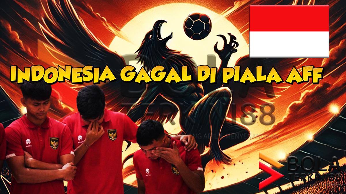 Ilustrasi kekalahan tim Indonesia di Piala AFF dengan latar belakang logo BolaTerkini88 dan gambar Garuda.