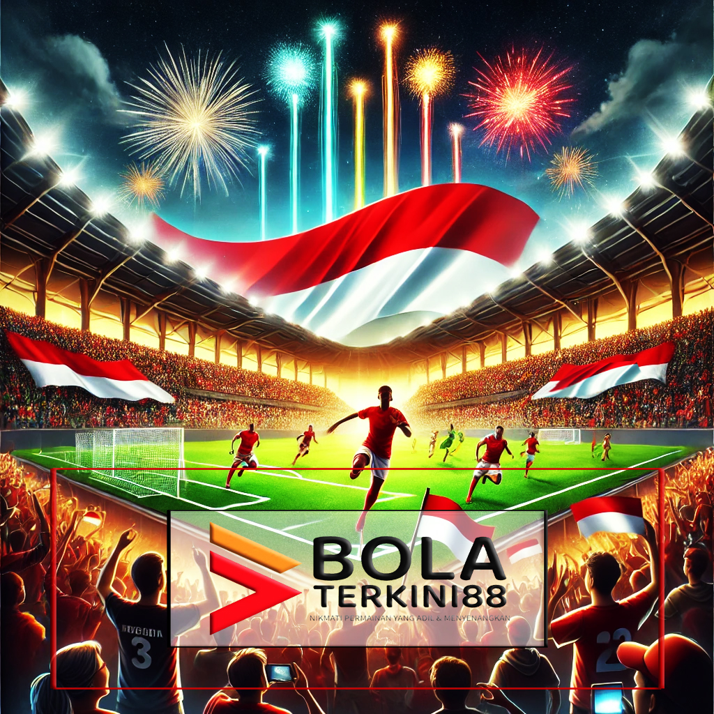 Ilustrasi modern stadion sepak bola Indonesia dengan suasana penuh semangat, pemain beraksi dengan latar belakang bendera merah putih, kembang api, dan logo Bolaterkini88.