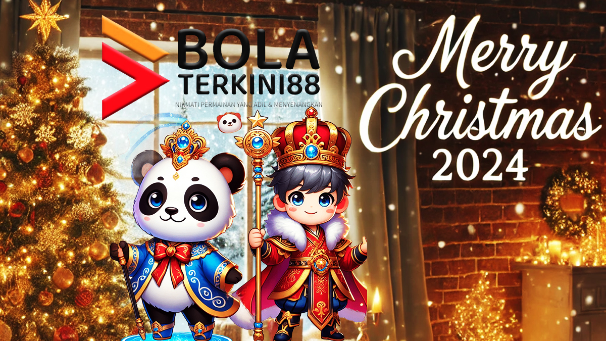 Dekorasi Natal ceria dengan pohon Natal berhias emas, suasana ruangan hangat, serta karakter animasi lucu (panda dan pangeran). Tulisan "Merry Christmas 2024" dan logo Bola Terkini88 menambah nuansa meriah.