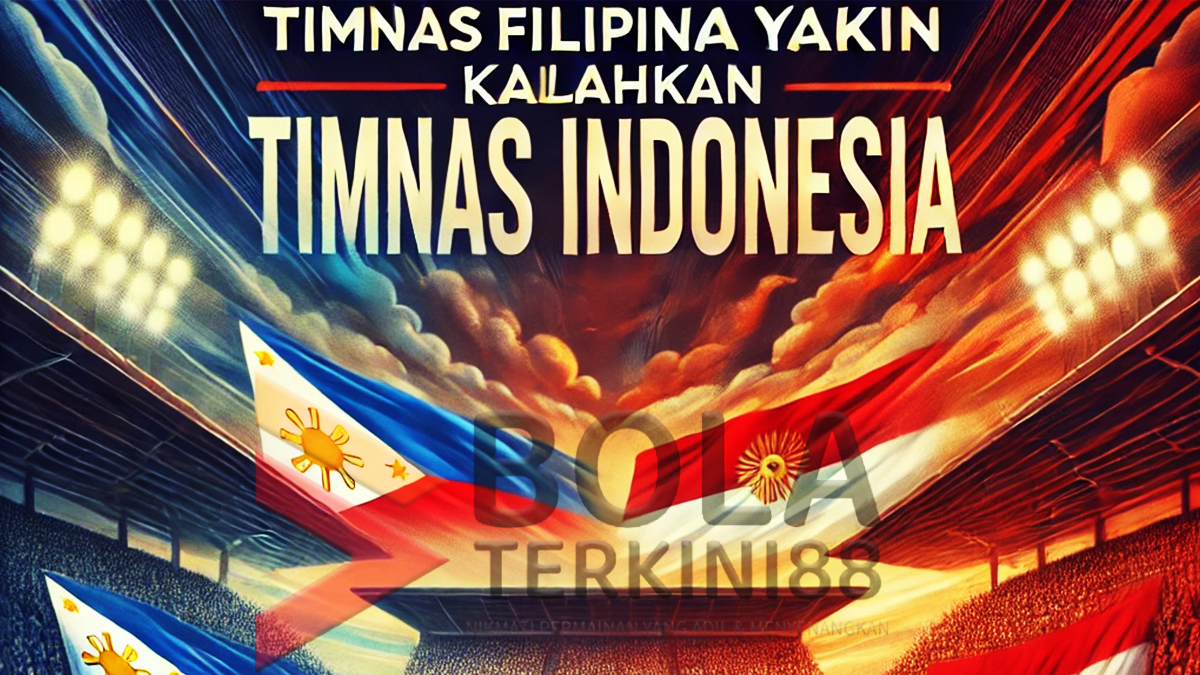 Ilustrasi pertandingan sepak bola antara Timnas Filipina dan Timnas Indonesia dengan latar belakang stadion penuh penonton dan suasana kompetisi yang intens. Pemain Filipina mengenakan seragam putih-biru, sedangkan pemain Indonesia mengenakan seragam merah.